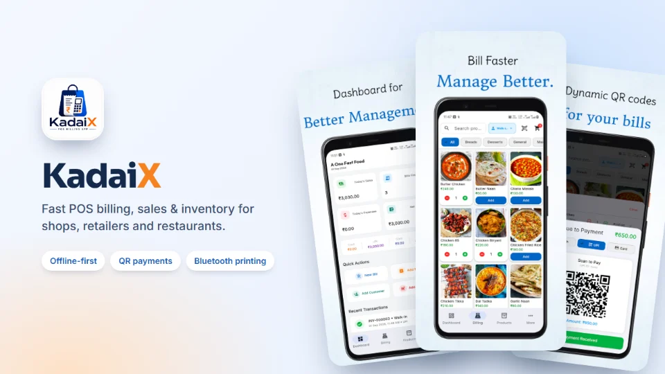 KadaiX POS billing app screens: dashboard, billing and QR payment